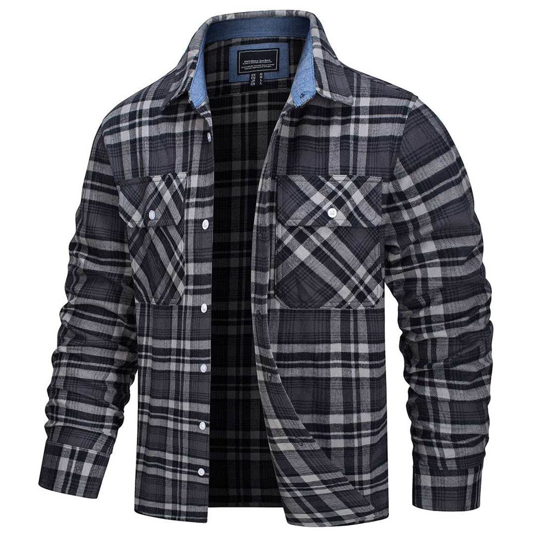 Men's Flannel Shirt — 100% Cotton Plaid, Long Sleeve, Button Front in Black Grey