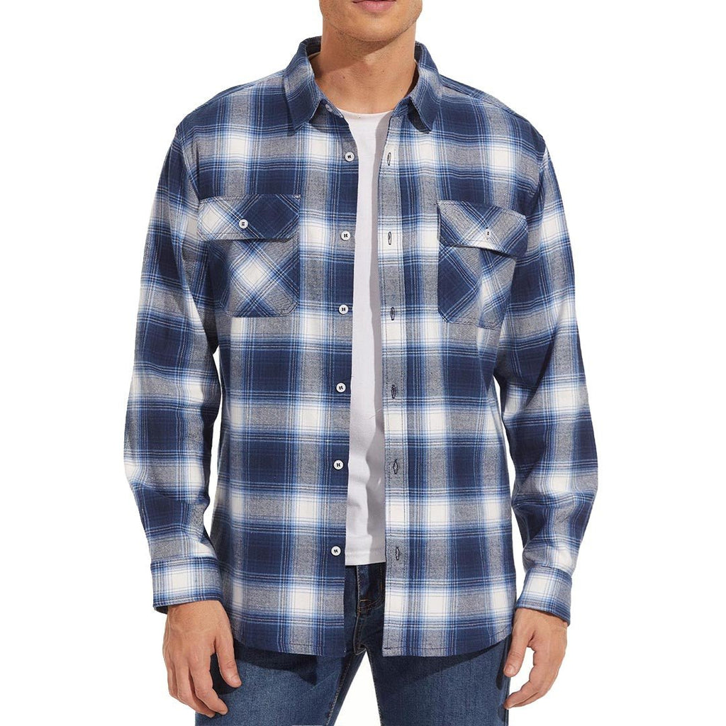 Men's long sleeve flannel plaid shirt, front view buttoned