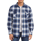 Men's long sleeve flannel plaid shirt, front view buttoned