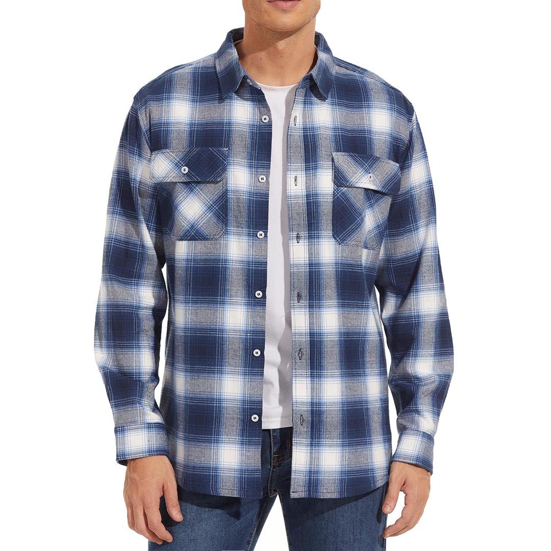 Men's long sleeve flannel plaid shirt, front view buttoned