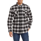 Men's flannel shirt detail of the stand collar and button front