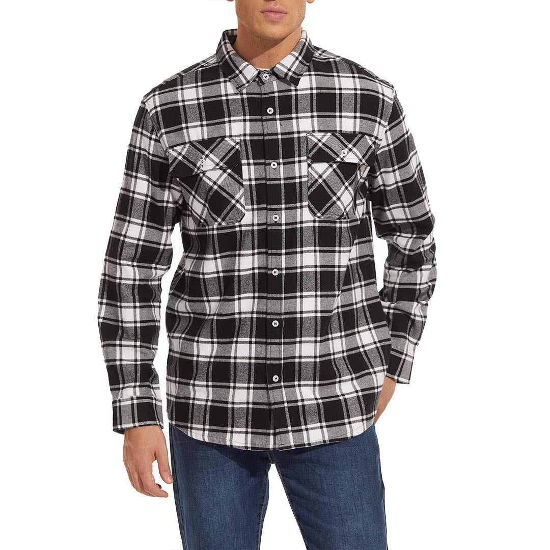 Men's flannel shirt detail of the stand collar and button front