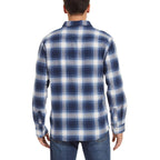Men's flannel plaid shirt showing the two button chest pockets