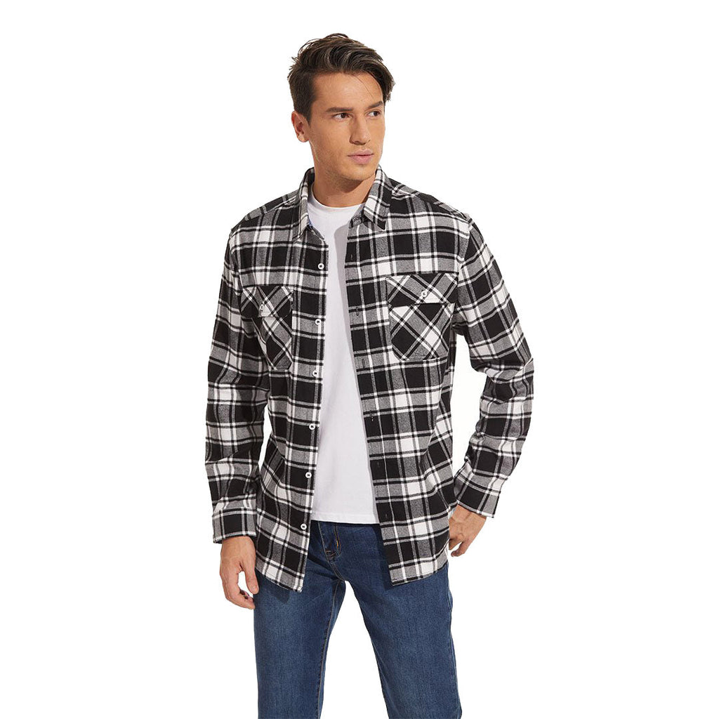 Men's long sleeve flannel shirt shown from the back