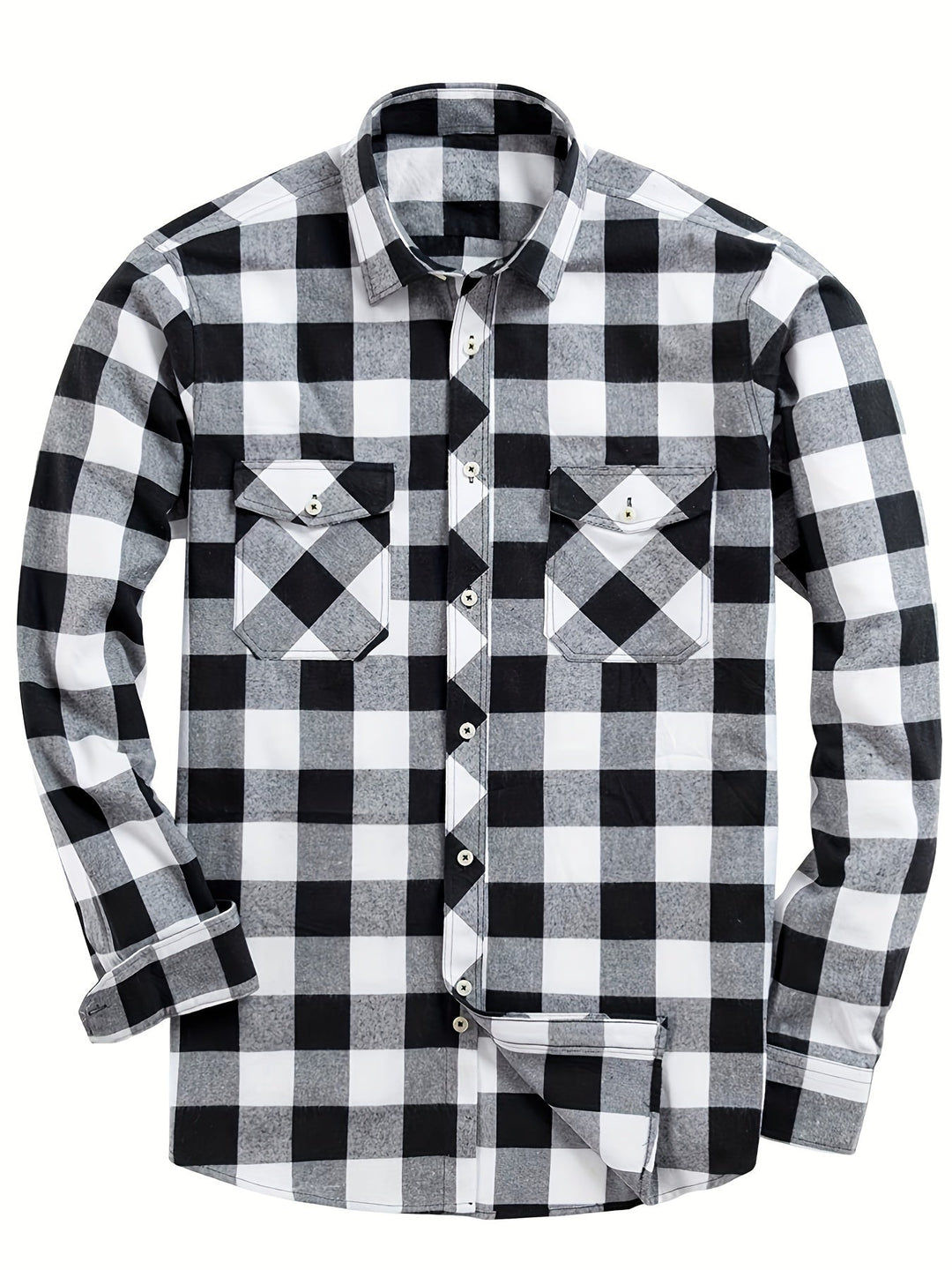 Men's plaid flannel shirt with double chest pockets in black