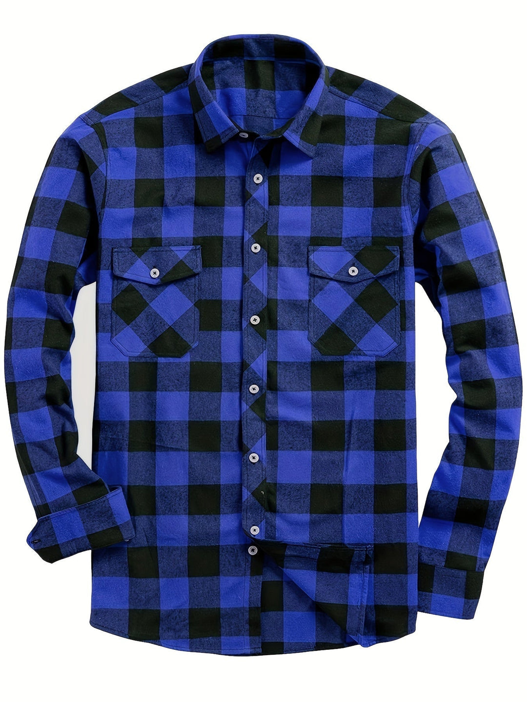 Men's plaid flannel shirt with double chest pockets in blue