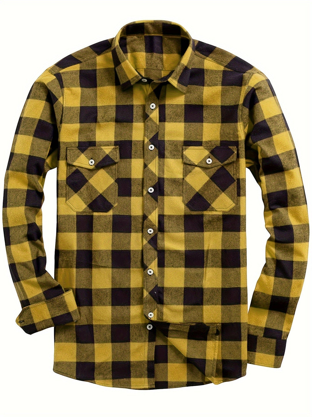Men's plaid flannel shirt with double chest pockets in gold