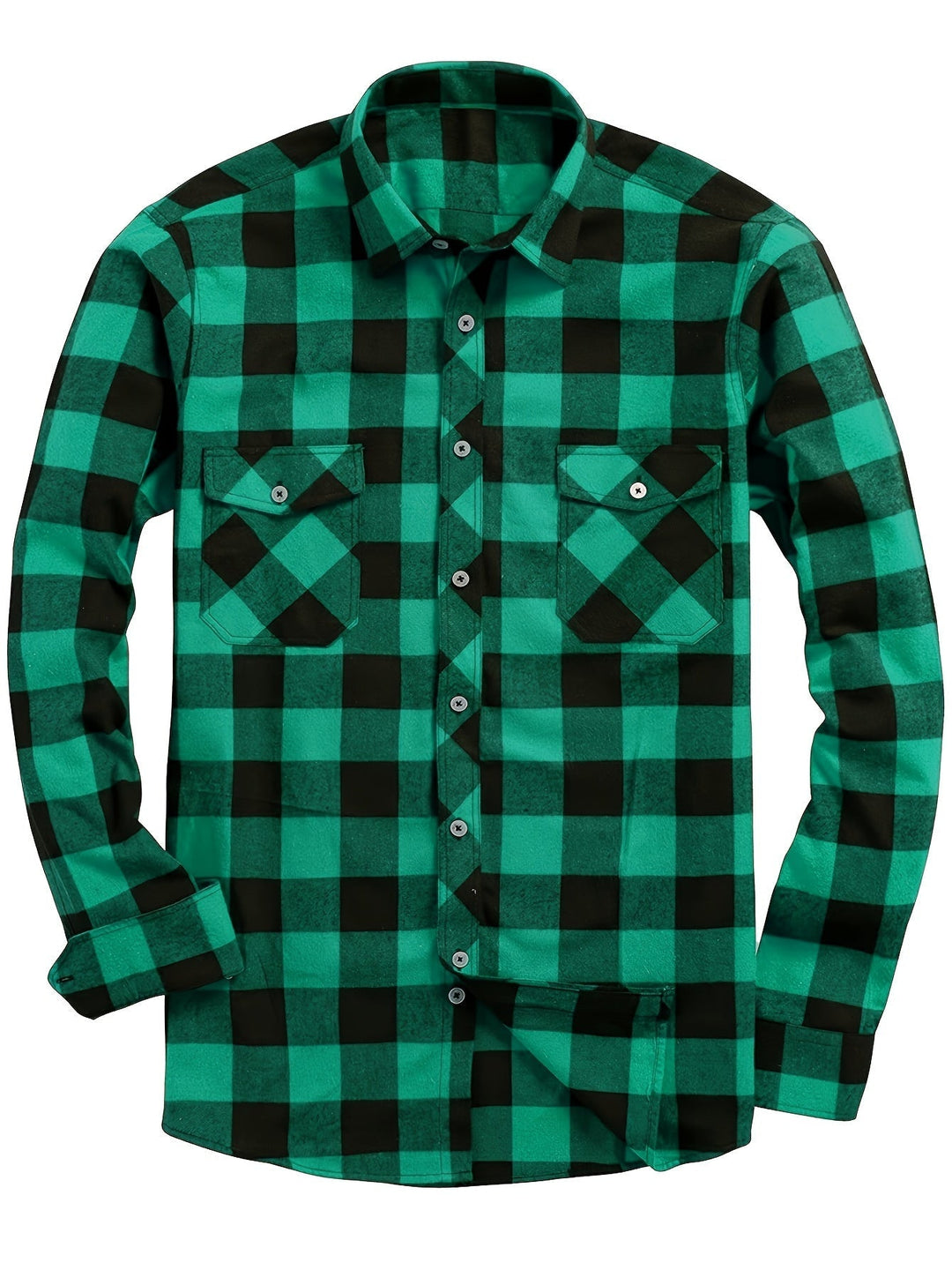 Men's plaid flannel shirt with double chest pockets in green