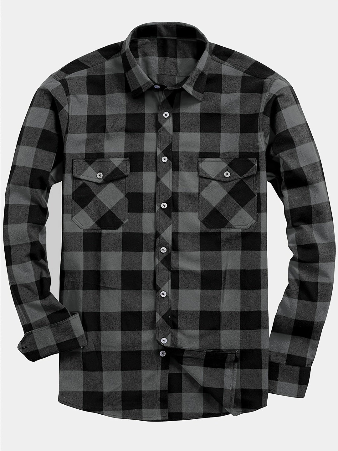 Men's plaid flannel shirt with double chest pockets in gray