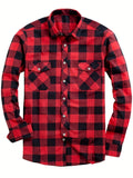 Men's plaid flannel shirt with double chest pockets in red
