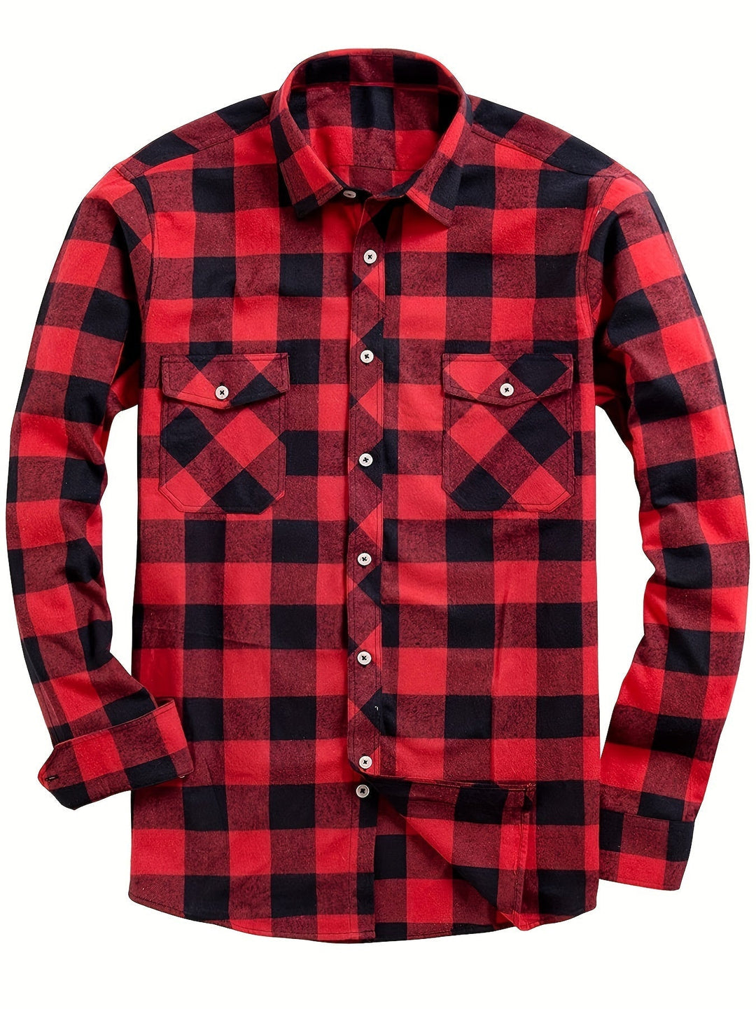 Men's plaid flannel shirt with double chest pockets in red