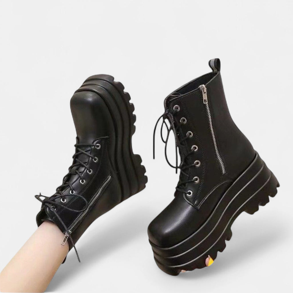 Black platform combat boots for women, main product shot