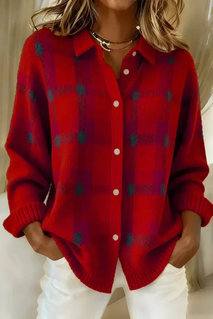 Checkered button front cardigan in red