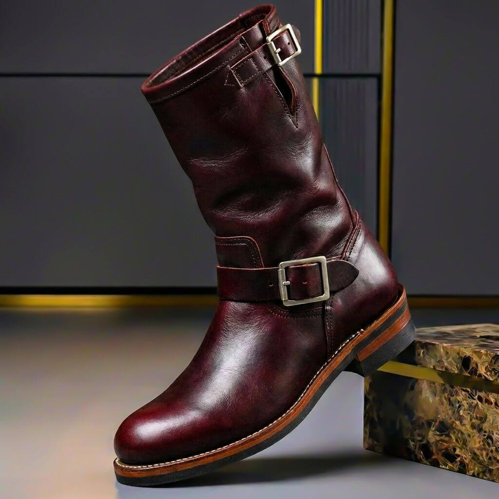 Men's zip up leather boots in burgundy red, side view