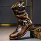 Men's zip up leather boots in retro brown, side view