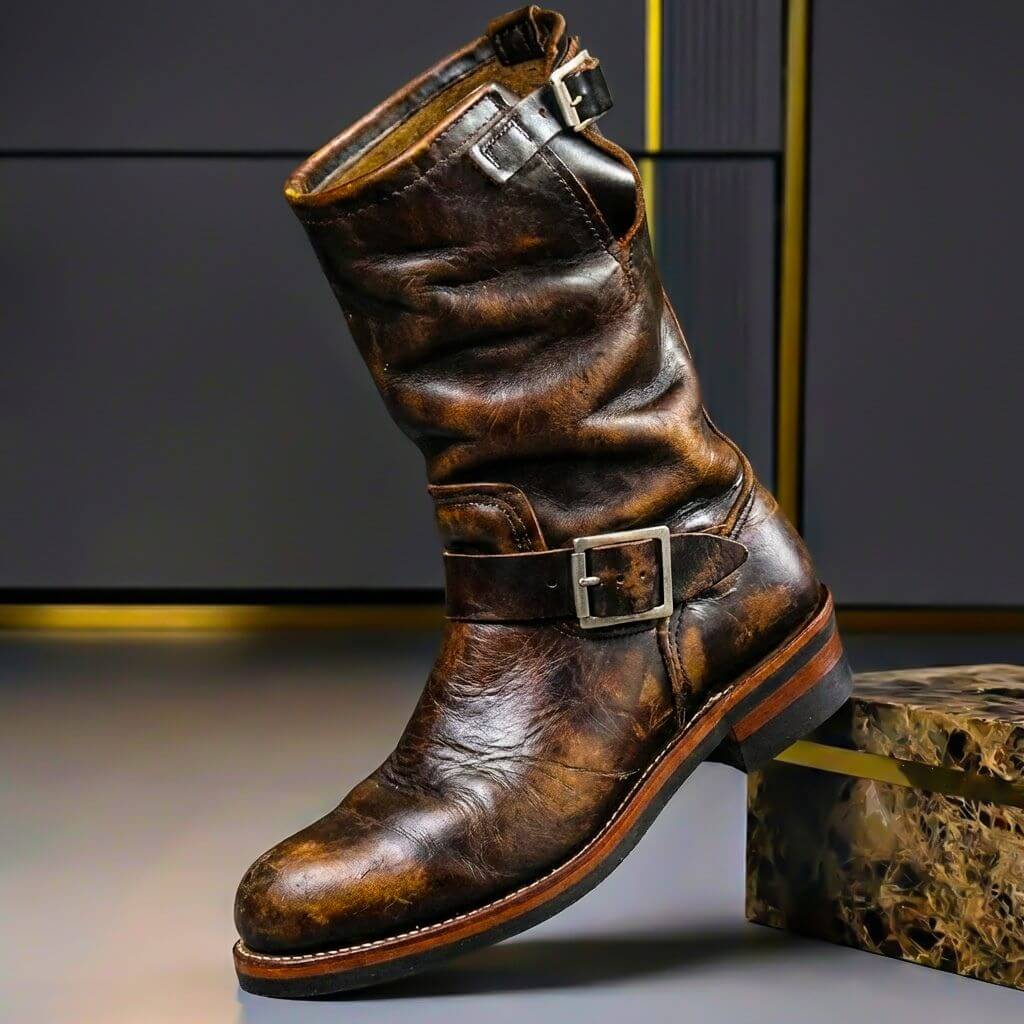 Men's zip up leather boots in retro brown, side view