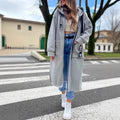 Open front duster coat for women in gray, full-length front view