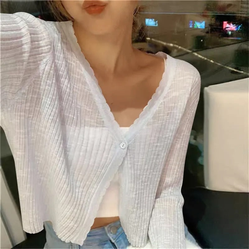 Lightweight ribbed button up cardigan in white, front view