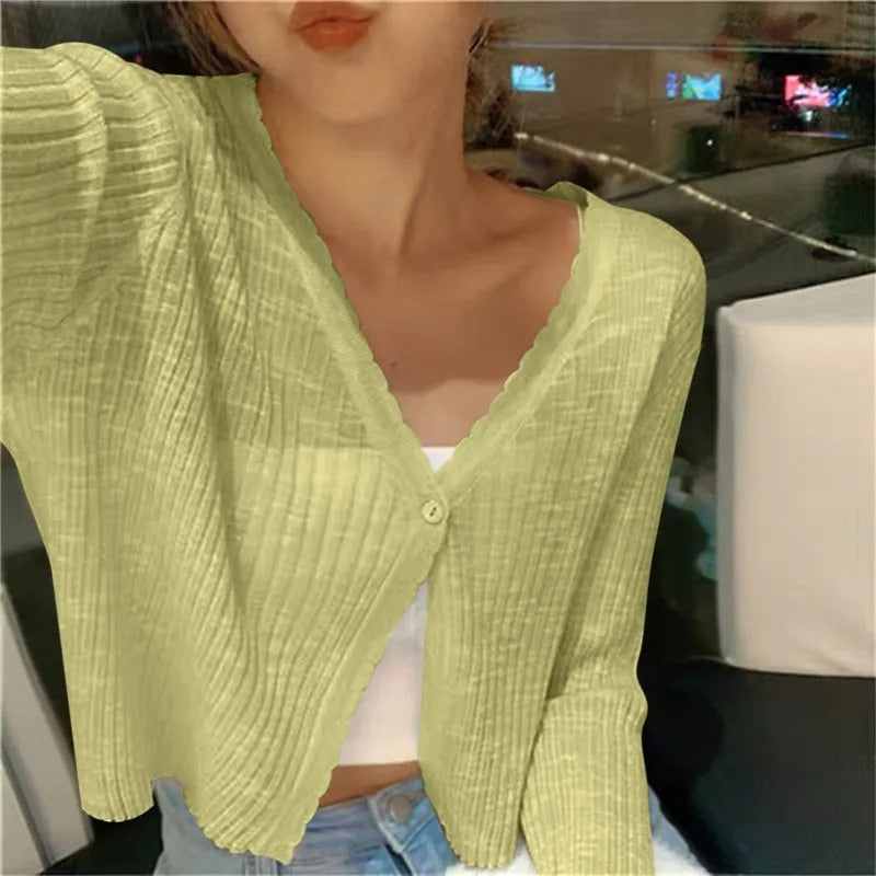 Lightweight ribbed button up cardigan in green, front view