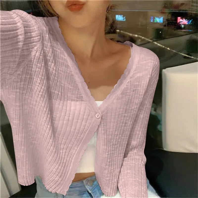 Lightweight ribbed button up cardigan in pink, front view