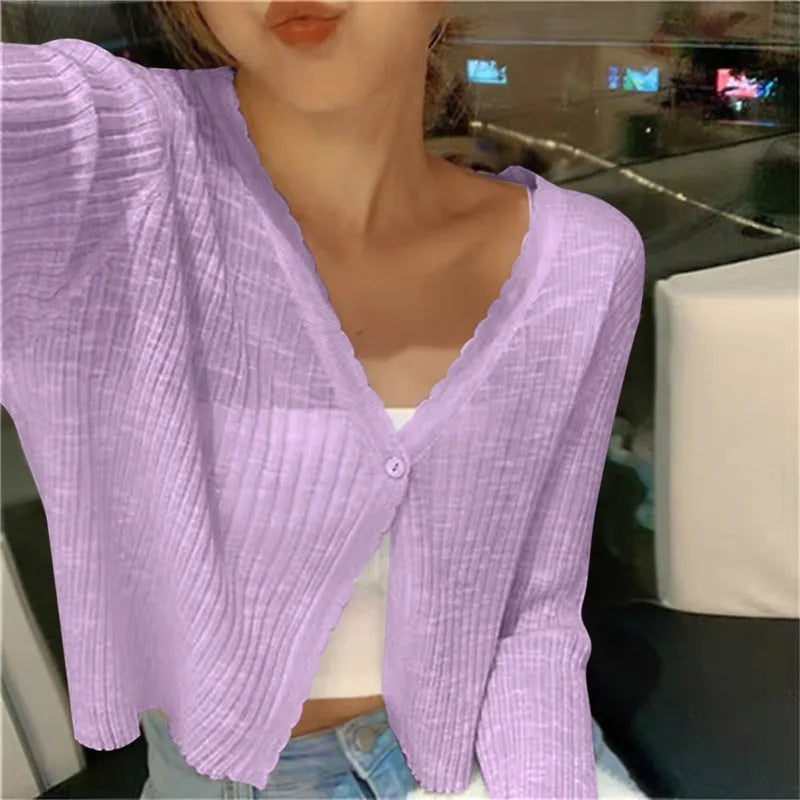 Lightweight ribbed button up cardigan in purple, front view