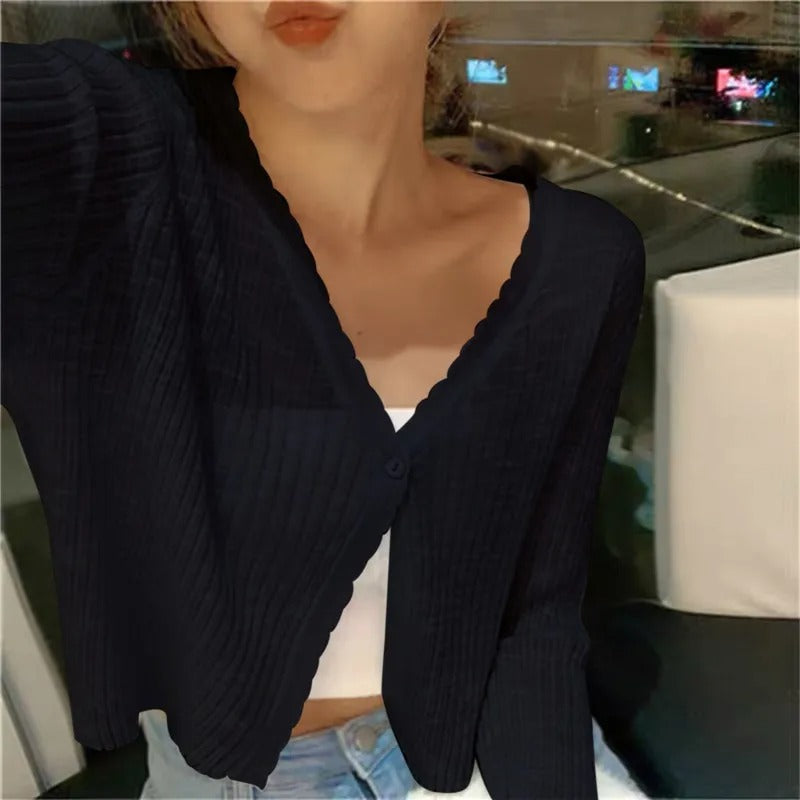 Lightweight ribbed button up cardigan in black, showing the V neckline