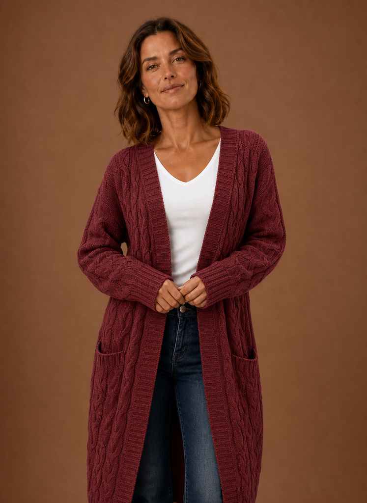 Cable Knit Cardigan Sweater for Women — Hooded Longline Knit, Deep Patch Pockets, Open Front in Burgundy