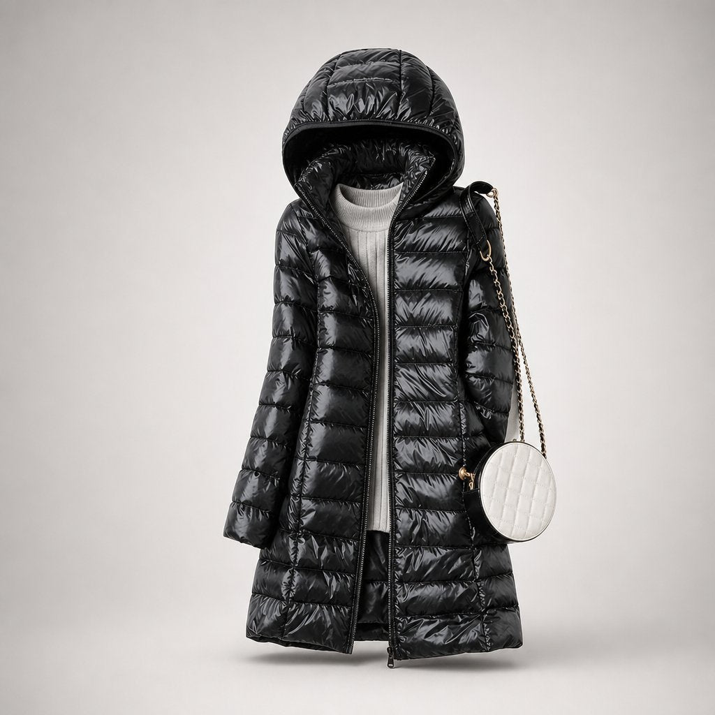 Lightweight down puffer jacket for women, close view of the quilted baffles and shell