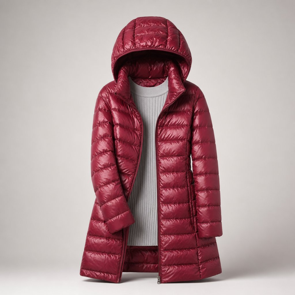 Lightweight Down Puffer Jacket for Women — Longline, Detachable Hood, XS to 5XL in Red