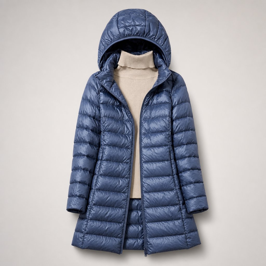 Lightweight down puffer jacket for women, worn outdoors over a winter layer