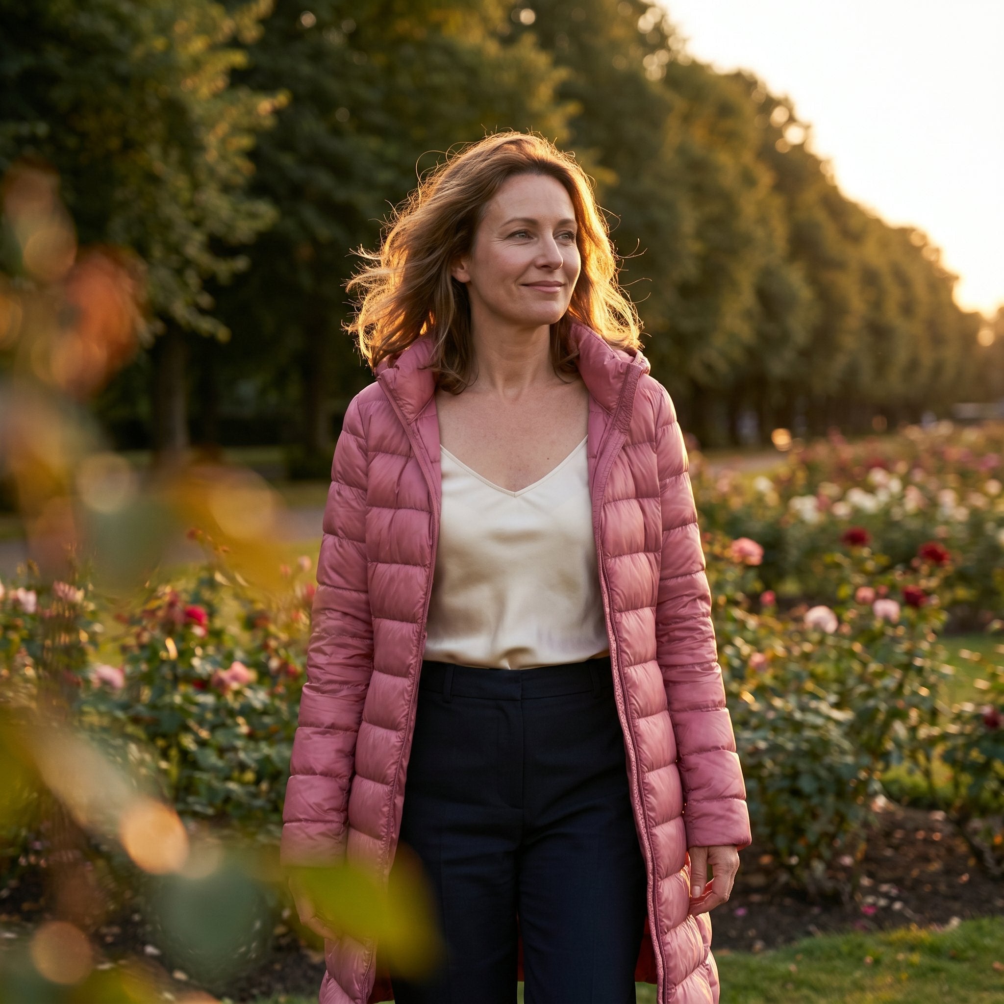 Lightweight down puffer jacket for women, side view showing the hip length