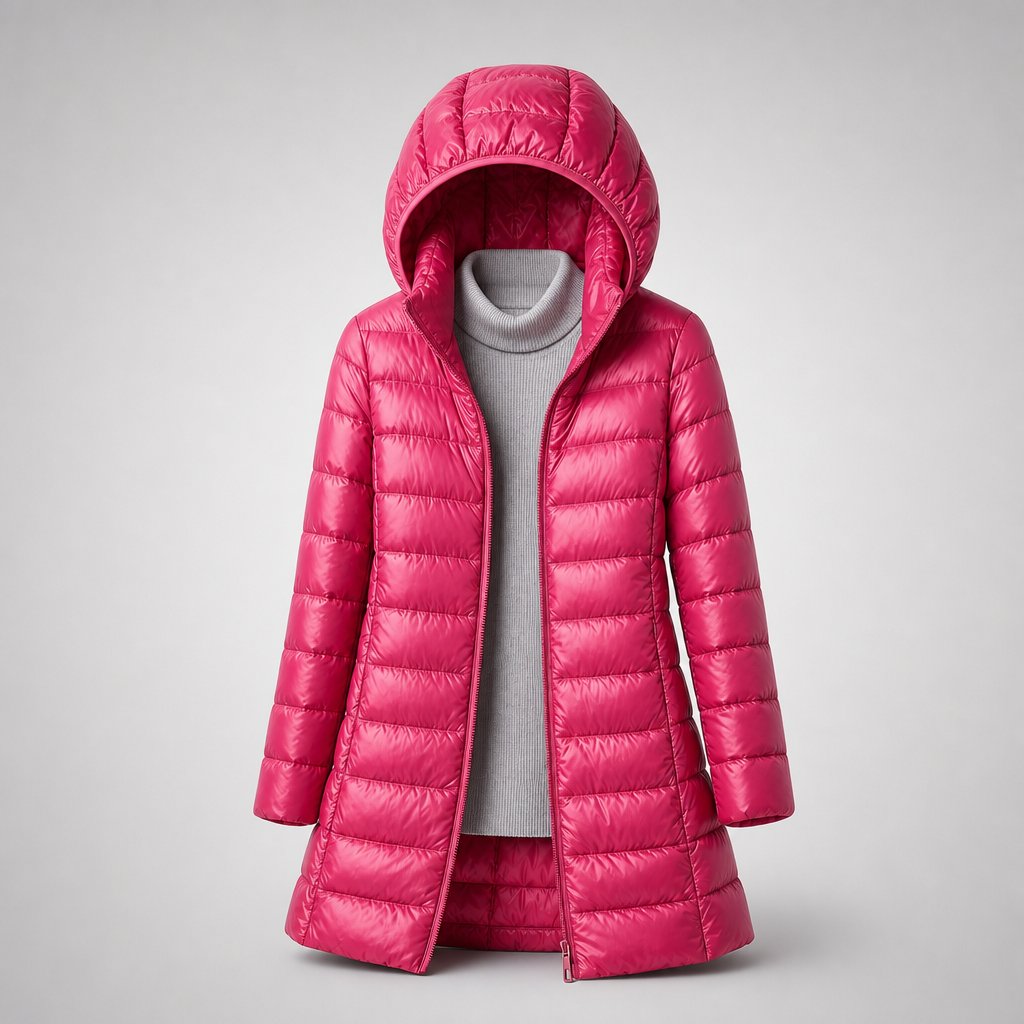 Lightweight Down Puffer Jacket for Women — Longline, Detachable Hood, XS to 5XL in Dark Pink