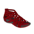 Cutout ankle strap gladiator sandals in red, worn view