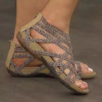 Open peep toe detail on the lattice cutout gladiator sandal