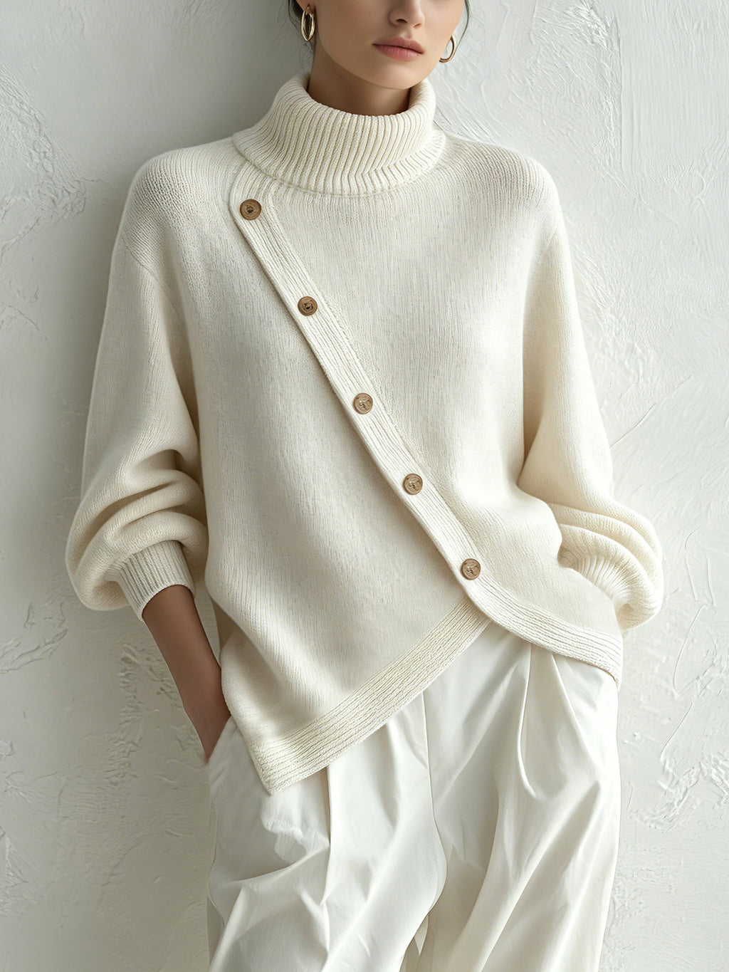 Oversized ivory turtleneck sweater for women, front view on model